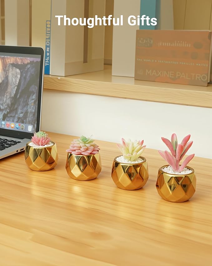 VIVERIE Mini Succulents Plants Artificial in Pots-Pink with Golden Ceramic, Christmas Small Fake Succulents Plants for Home Decor Indoor Christmas Decor for Women, Set of 4, Gifts for Mom