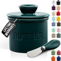 Zulay Kitchen Bell Shaped Butter Crock with Lid for Countertop with Water Line & Spreader Knife, Ceramic French Butter Dish Keeper For Fresh, Soft & Spreadable Butter - Forest Green