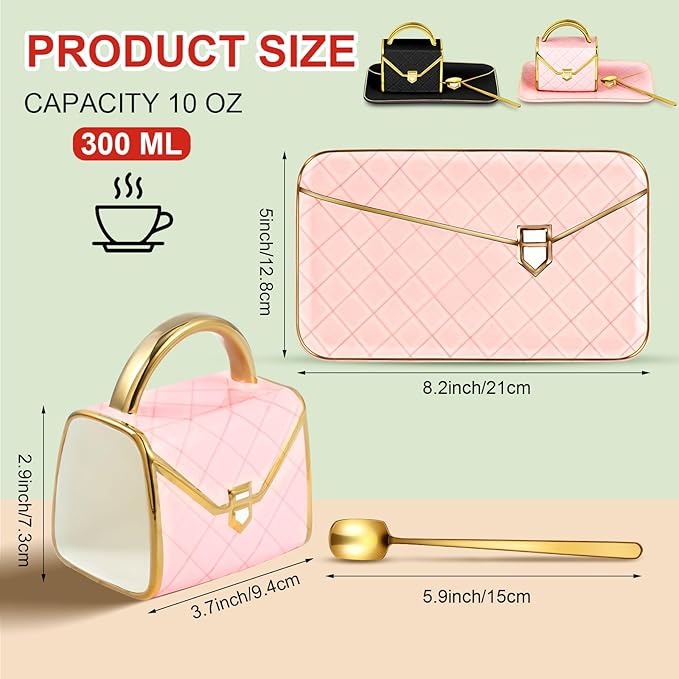 Zubebe 2 Sets Coffee Mug Elegant Handbag Shaped Cup Mother's Day Modern Ceramic Purse Mug with Spoon and Saucer, 10oz Cute Creative Tea Cup for Woman Girls Gift (Pink,Black)
