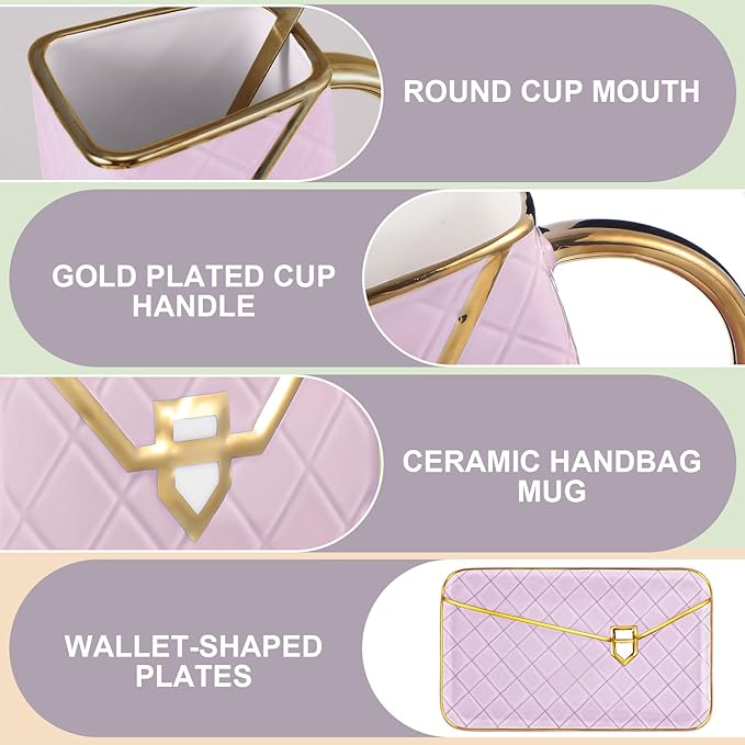 Zubebe 1 Set Coffee Mug Elegant Handbag Shaped Cup Mother's Day Modern Ceramic Purse Mug with Spoon and Saucer, 10oz Cute Creative Tea Cup for Woman Girls Gift (Purple)