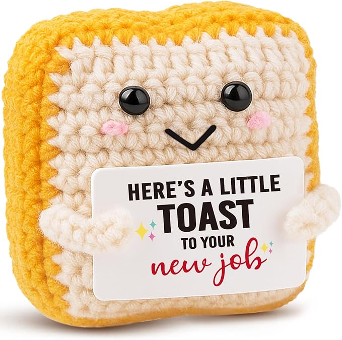 New Job Gift for Coworker - Crochet Toast Congratulations Present for Promotion, Farewell, Going Away - Handmade Emotional Support Plush, Cute Office Desk Decor Accessory for Men, Women, Friend