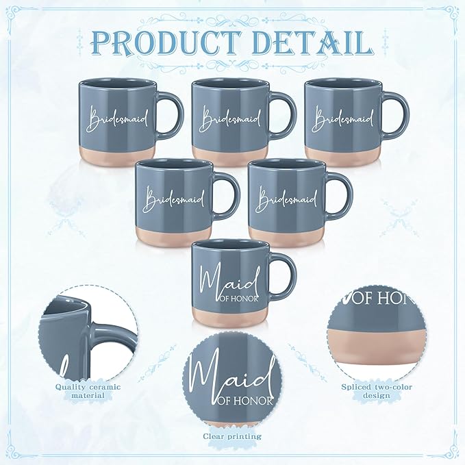 42 Pcs 6 Sets Wedding Favors Bridesmaid Proposal Gifts Maid of Honor Ceramic Coffee Cups Cosmetic Makeup Bags Invited Cards Scrunchies Knotted Bracelets Jewelry Bags Hair Claw Clips(Blue)