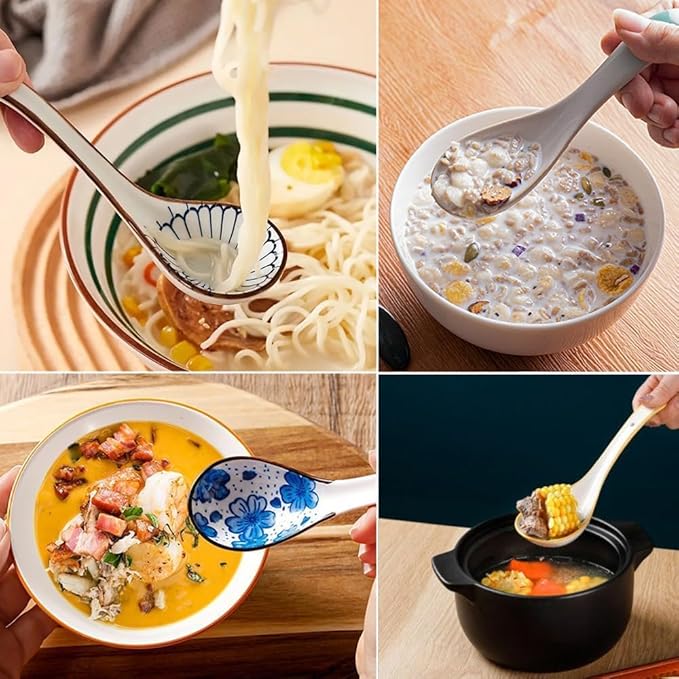 12pcs Asian Soup Spoon, Ceramic Chinese Soup Spoons, Deep Oval Hook Non-slip Japanese Spoons for Rice Ramen Pho Miso Soup Wonton Noodle, Luck and Prosperity Gifts for Friends Parents Family