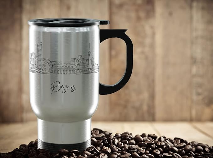 Beijing Skyline Steel Mug, Asia Skyline 14oz Travel Mug with Handle & Lid Custom Travel Tumblers, Gift For Birthday, Spill Resistant Tumblers for Women, Personalized Tumbler