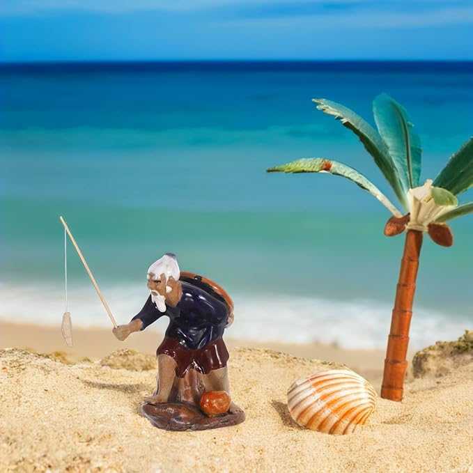 jojofuny Mini Fisherman Sculpture 2pcs for Bonsai and Aquarium Decor, Micro Fisherman Figurines Asian Ceramic, Outdoor and Indoor Potted Plant Decoration for Zen Garden and Fairy Gardens