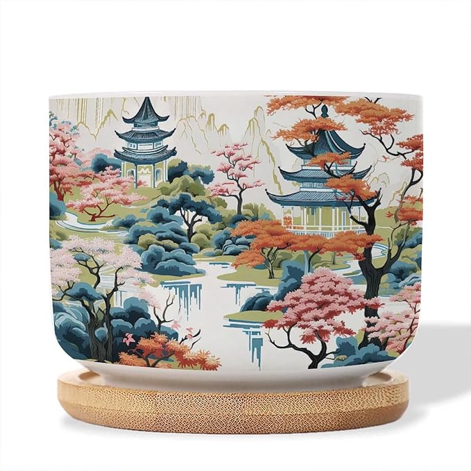 1 Piece Blue Asia Tiered Tower Coral Pink Flower Small Flowers Pots Oriental Chinoiserie Succulent Planters with Drainage Holes Chinoiserie Garden Scenery Planters Ceramic
