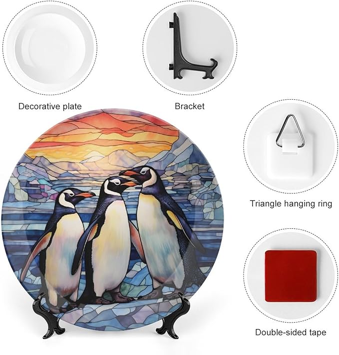 Decorative Plates for Wall Hanging, Penguins Family Snow Winter Stained Glass Painting Ceramic Plate w/ Display Stand, Home Decor for Kitchen Cabinets, Round Tray 10 Inch, Gift for Penguin Lovers