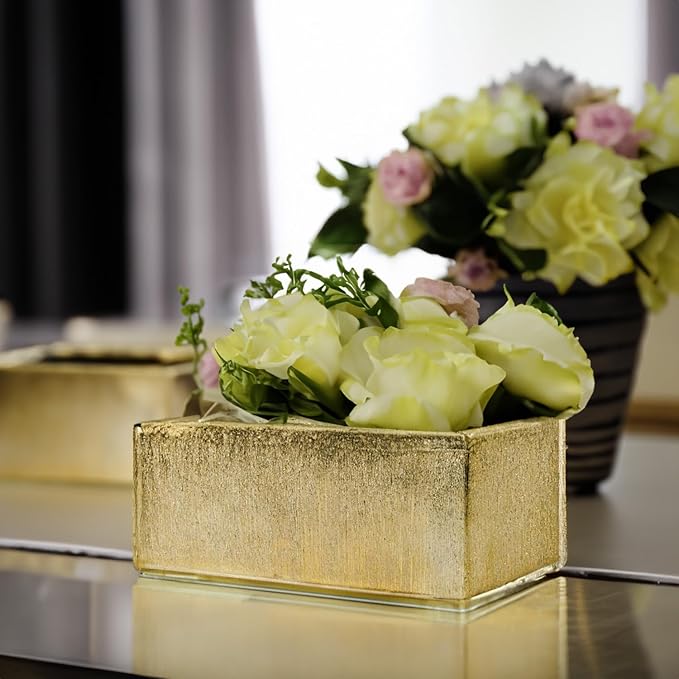 WGVI Long Rectangle Ceramic Planter Vase in Gold Etched 12" x 4" x 4"H, Block Rectangular Terrarium Box Pot, Flower Arrangement, Table top Centerpiece, Home Decor Storage Container, 1 Pc.