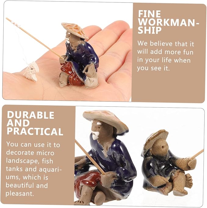 Mikikit 6pcs Ceramic Fisherman Figurines for Fish Tank Decor Miniature Fisherman Statue for Bonsai and Aquarium Lifelike Asian Sculpture Chinese Retro Style Landscape Ornaments