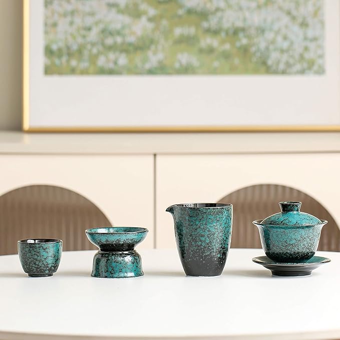 Chinese Tea Set, 10-Piece Ceramic Set with Teapot and Cups, Gongfu Tea Set,Tea Gift Sets,Outdoor and Office (Dark Green)
