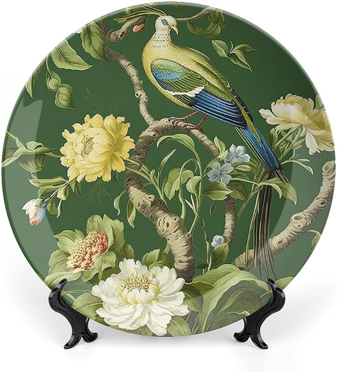 Decorative Plate Pagoda Garden Imperial Green Chinoiserie Peacock Custom Decor for Housewarming Gifts Wedding Club Kitchen Wall Art Hanging Plate Unique Art with Stand, Gifts for Men Women