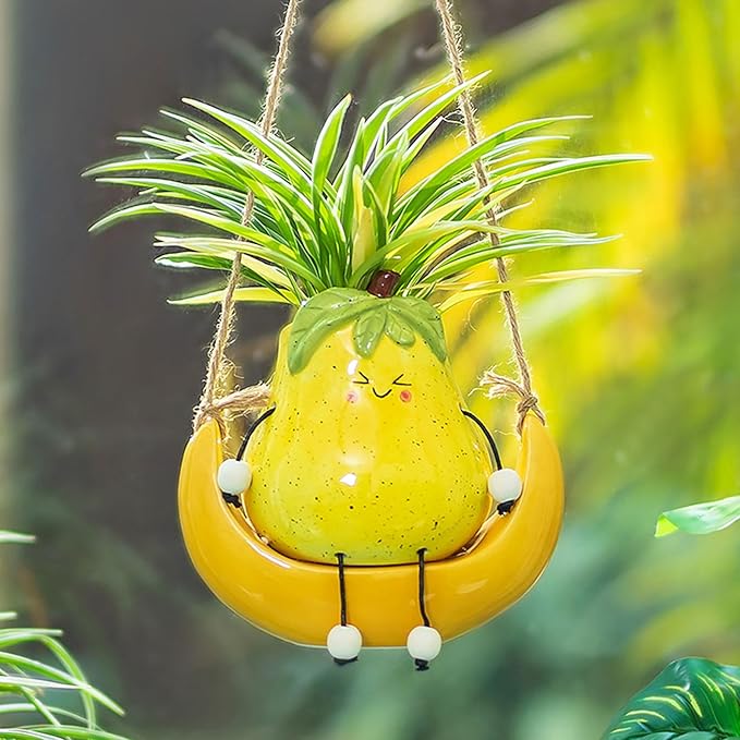 Cute Hanging Planter Pot - Swing Smiley Planter for Indoor Outdoor Plants - Ceramic Succulent Plant Pot with Face