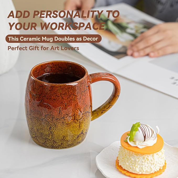 22oz Ergonomic Ceramic Mug with Unique Orange & Yellow Glaze – Microwave & Dishwasher Safe, Ideal Gift for Coffee Lovers, Unique Ceramic Coffee Cup for Yourself or Friends