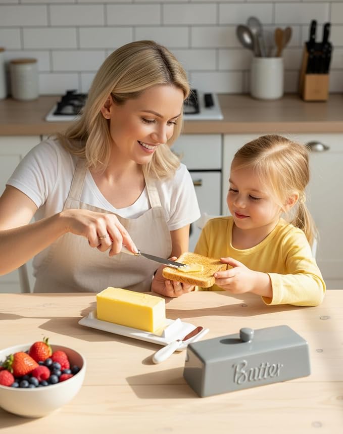 TEATALK Ceramic Butter Dish with Lid and Knife - Large Butter Holder, Farmhouse Style, 8-Inch Porcelain Butter Keeper with Scraper Edge, Grey