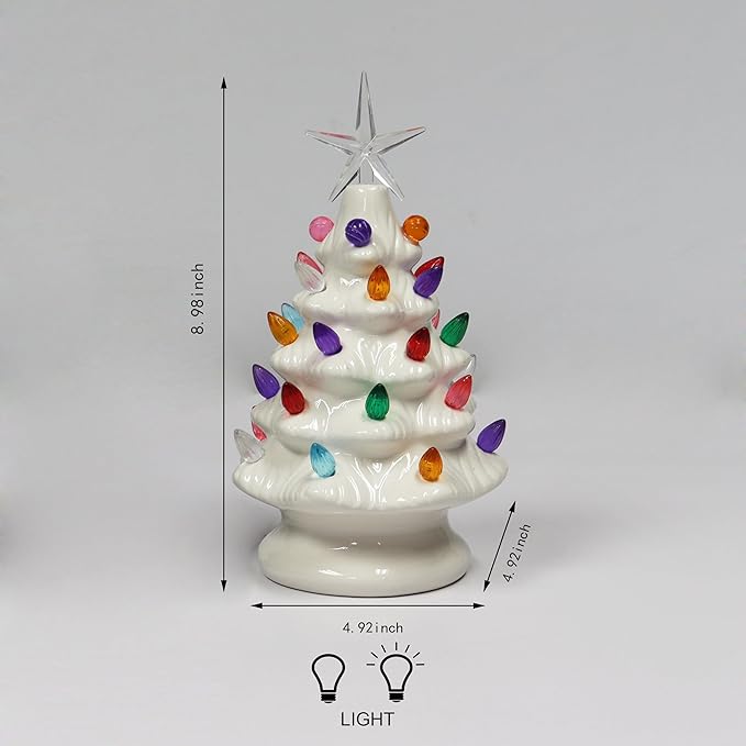 MOMENTS IN TIME Ceramic Christmas Tree 9” White LED Lighted Pre-Lit Tabletop Tree with Multicolor Bulbs & Star Topper, Battery Operated Holiday Décor