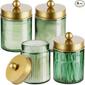 Amolliar Sage Green Apothecary Glass Jar With Metal Lid & Stickers, Bathroom Qtip Holder Storage Canister, Farmhouse Decor for Cotton Balls, Cotton Swabs, Round Pads, Bath Salt, Floss,Gold 4 Pack