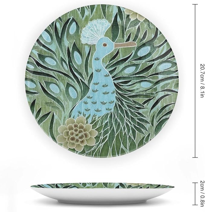 Aqua And Green Chinoiserie Fashion Plates, Custom Abstract Style Peacock Wall Hanging Decorative Plate, Farmhouse Office Decorations Housewarming Gifts, with Display Stand And Hook Up