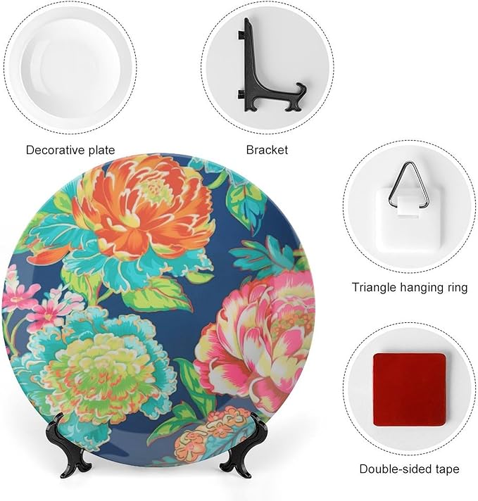 Navy Blue And Red Chinoiserie Peony Floral China Plates for Display Vintage Peony Flower Festival Household Supplies Display Home Holiday Party Decorations Customize Gifts for Men Women Christmas