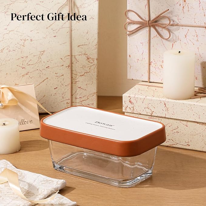 DOWAN Glass Butter Dish with Ceramic Lid, Large Butter Container for 3 Sticks, 2-in-1 Butter Dish with Lid for Countertop, Multi-Purpose Preserving Keepers and Tray, Dishwasher Safe-Cozy Gift