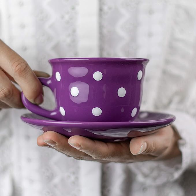 City to Cottage Handmade Purple and White Polka Dot Ceramic 8.4oz/250ml | Cappuccino, Coffee, Tea Cup and Saucer, Unique Designer Pottery for Tea Lovers