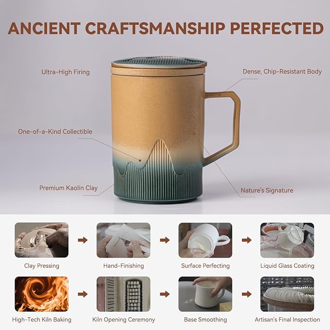 Ceramic Tea Mug with Infuser & Lid, 15oz Kiln-Transformed Unique Cup – Nature's Artisan Design, Loose Leaf Tea Cup with Infuser, Insulated Ceramic Coffee Mugs with Lid, Gift for Women/Men