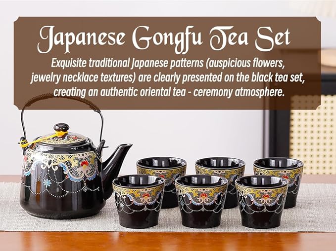 Japanese Tea Set for Adults, Japanese Teapot Set with 1 Teapot (32oz/920ml), 6 Tea cups (4.5oz/130ml), 1 Tea Tray, 1 Stainless Infuser, Kiln altered glaze Porcelain tea set (Jeweled Necklace)