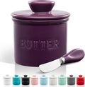 Zulay Kitchen Bell Shaped Butter Crock with Lid for Countertop with Water Line & Spreader Knife, Ceramic French Butter Dish Keeper For Fresh, Soft & Spreadable Butter - Purple