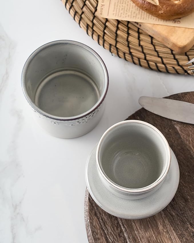 XELA Ceramic Butter Dish - French Butter Crock With Water Line - Keeps Your Butter Fresh and Spreadable - Light Gray
