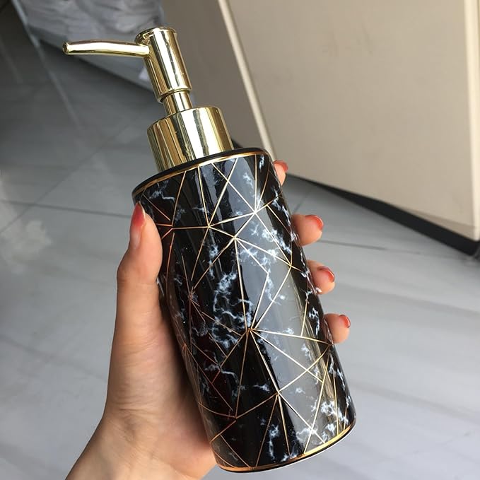 Ceramic Soap Dispenser for Bathroom & Kitchen, Marble Pattern & Gold Thread Decoration - Refillable Liquid Soap Bottle for Hotel (10oz, Black)