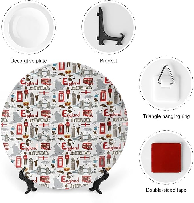 XISUNYA 7 Inch Decorative Plate, London Porcelain Plate, Fun Colorful Sketch Royal Guard Map Print Ceramic Wall Hanging for Home Office Party Dinner Table Decor, Multicolor