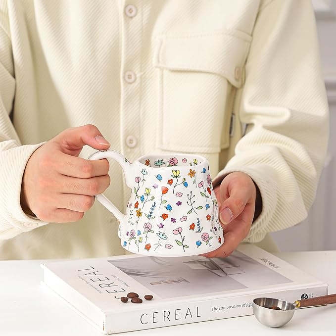 Mkour 16oz Large Ceramic Coffee Mugs, Handmade Big Tea Cups, Floral Design, Wide Bottom with Large Handle for Office and Home, Microwave and Dishwasher Safe (White)