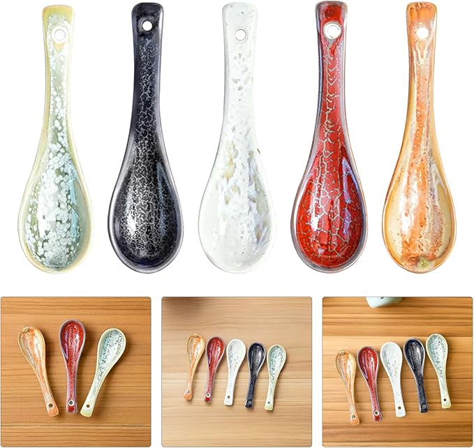 10PCS Asian Ceramic Soup Spoons with Handle Non-slip Design Tableware for Ramen Wonton Noodle Soup Dinnerware Kitchen Accessories - Colorful