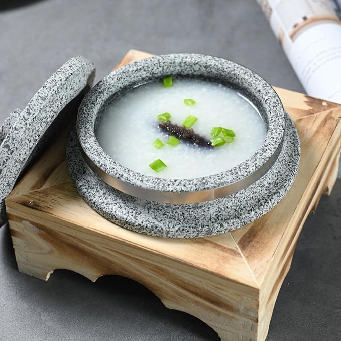 Bibimbap Bowl with Lid, Korean Stone Bowl Cooking Pot with Wood Tray, Natural Stone Bowl Hot Pot for Korean Restaurants, Soup, Rice, Stew,16cm/6.3inch