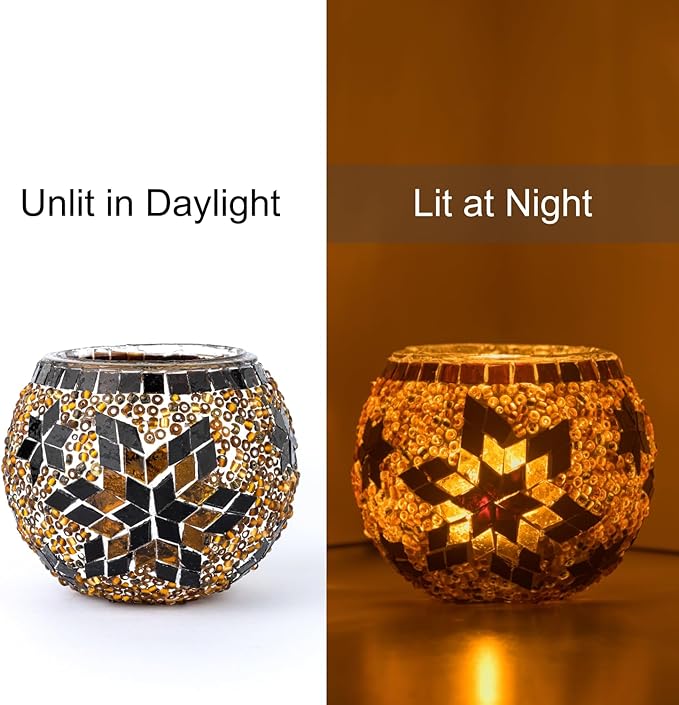 KAFTHAN Mosaic Glass Large Single Candle Holder - Round Bowl, Plant Pot, Votive Candle Holder - Decorative Vase & Unique Table Centerpiece for Wedding, Ball & Home - (3.7" x 3.5", Ecru Star)