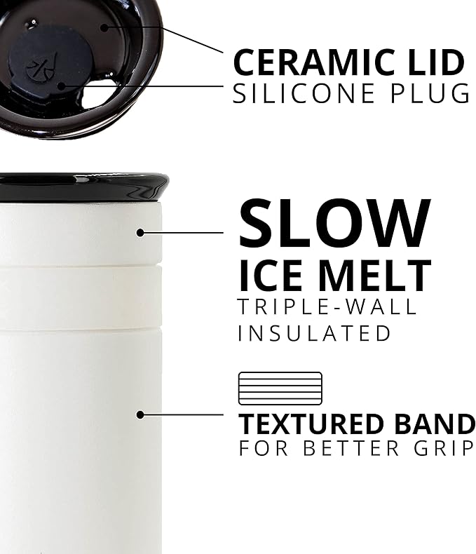 Elemental Personalized Artisan Insulated Tumbler, Triple Wall Coffee Travel Tumbler, Reusable Stainless Steel Coffee Tumbler with Ceramic Lid, Thermal Coffee Cup for Hot & Cold, 12oz - Matte White