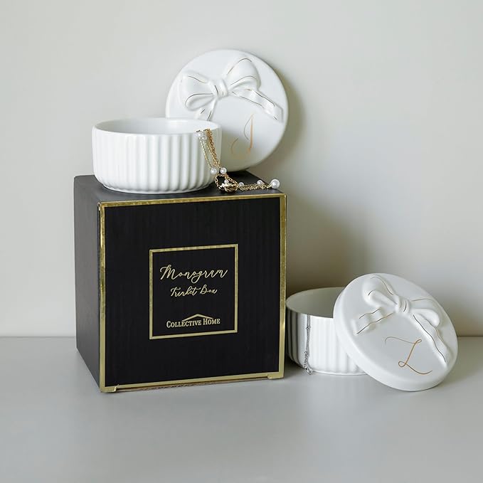 COLLECTIVE HOME Monogram Initial Jewelry Box with Bow - Elegant Ring Holder & Earring Dish | Christmas Gift Idea for Women, Unique Birthday Present for Her (M)
