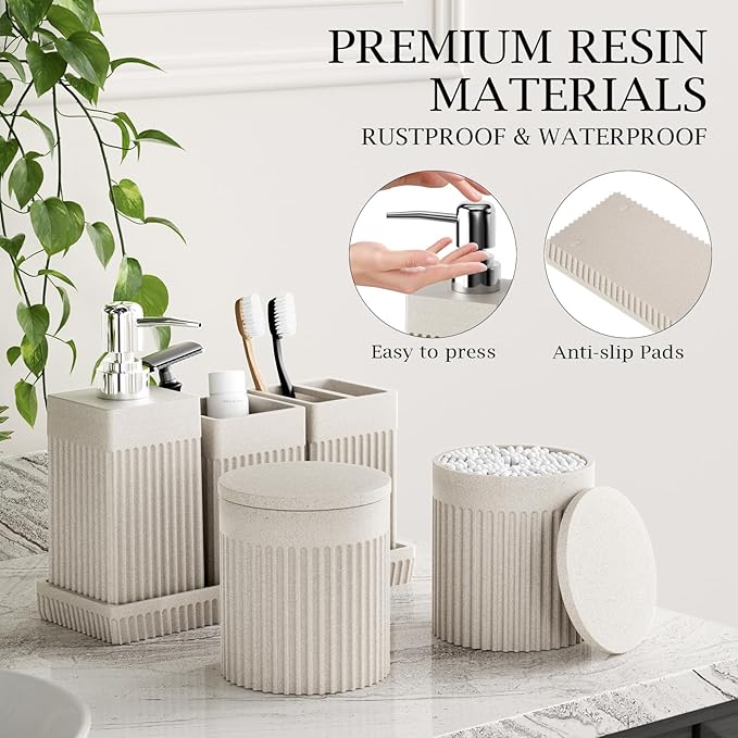 6-Piece Beige Bathroom Set - Sleek Resin Bathroom Accessories Set with Soap Dispenser, Toothbrush Holder, Vanity Tray, Tumbler & Apothecary Jars for Small Spaces