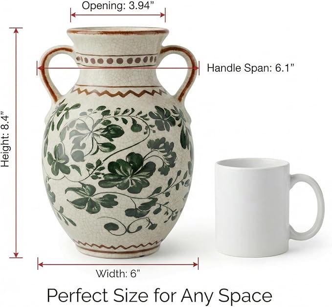 EFISPSS Ceramic Vintage Vase Decorative Spring Decor Chinese Crackle Floral Handle for Dining Room Living Room Green 8.4 in