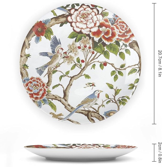 Chinoiserie Tree Peony Bird Floral Fashion Plates, Custom Coral Turquois Flowers And Birds Ceramic Craft for Decorative Ornaments, Display Farmhouse Decorations Wedding, with Vertical Stand