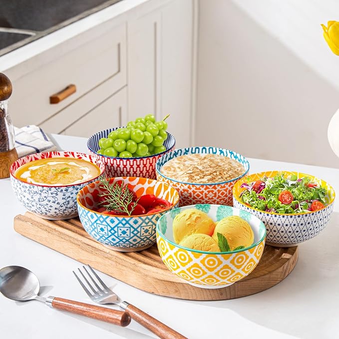 Ceramic Dessert Bowls Set - Small 11 Oz Porcelain Ice Cream Bowls for kitchen - 4.7 Inch Cereal Bowls for Salad, Fruits - Microwave Dishwasher Safe - Set of 6 - Assorted Colors