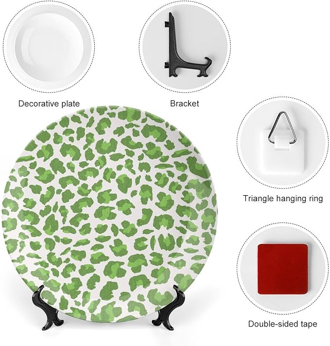 Fashion Plates Leopard Animal Print Green And Gray Custom Decor for Kitchen Wedding Festival Club Ceramic Hanging Decorative Plate with Display Stand And Hook Up, Multi Sizes, Gifts for Men Women
