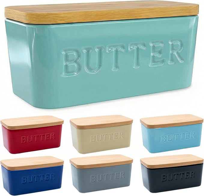 PriorityChef Extra Large Butter Dish with Lid for Countertop, Ceramic Butter Container With Airtight Cover, Butter Keeper for Counter or Fridge, Butter Holder Storage, Cool Green