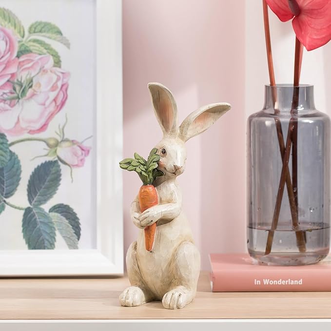 Newman House Studio Standing Rabbit Figurines Home Decoration - Indoor Bunny Statues with Carrots Office Room Decor for Women Table Decor 5.8 L x 5.1 W x 11.7H Inch