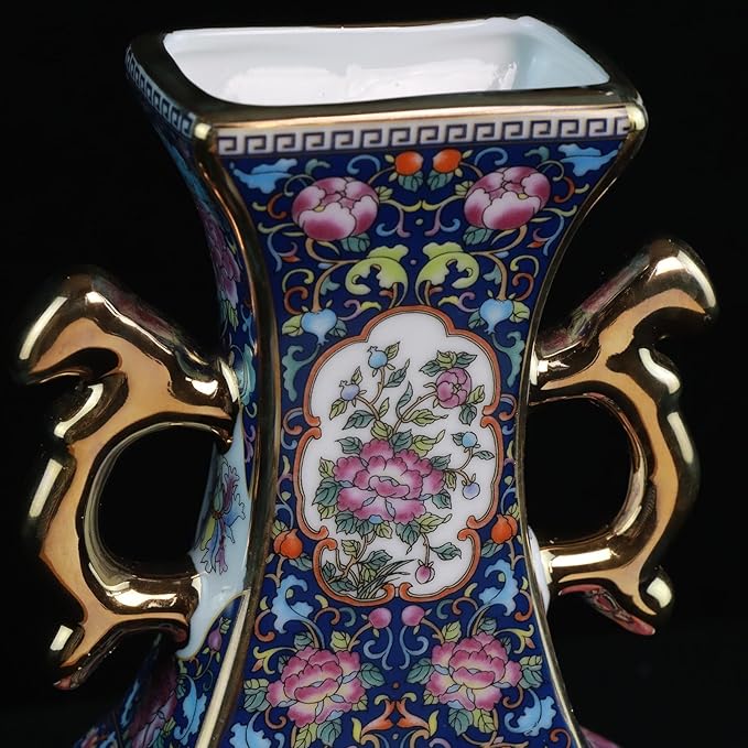 Antique Ceramic Vase - 9.8 Inch Enamel Porcelain Vase with Gold Trim, Chinese Purple Red Double-Handled Flat Ornament for Home Decor, Housewarming Gift, Collector's Art Piece