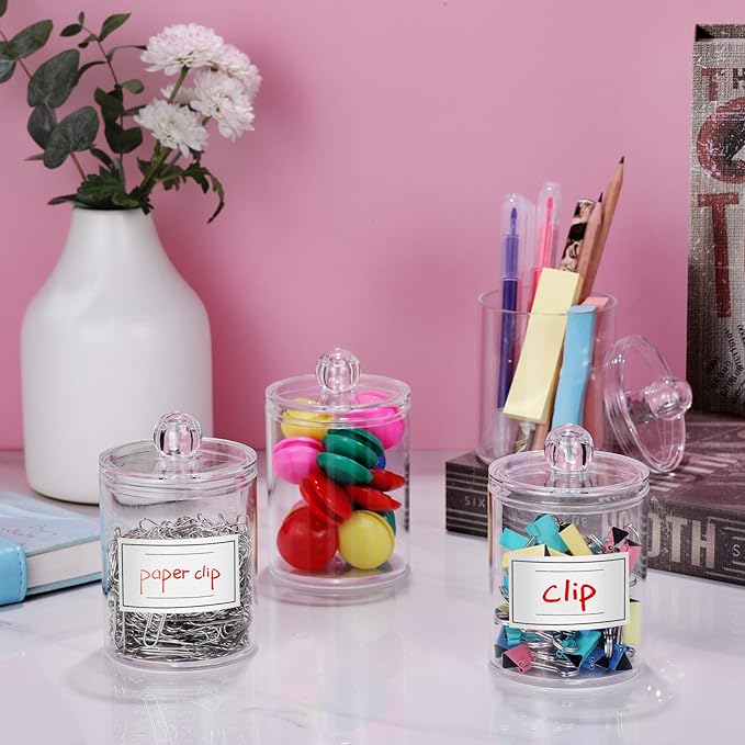 AOZITA 3 Pack Acrylic Qtip Holder Dispenser for Cotton Swab, Ball, Round Pads, Floss Picks - 10 oz Clear Plastic Apothecary Jar Set for Bathroom Canister Storage Organization, Vanity Makeup Organizer