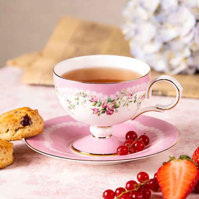 KAMMAK Ceramic Coffee Cups Saucers Set of 2, Porcelain Espresso Cups with Saucers, 6.52 oz Handmade Elegant Bone China Tea Cup, Ceramic Floral Pattern Demitasse for Latte, Americano, Cappuccino