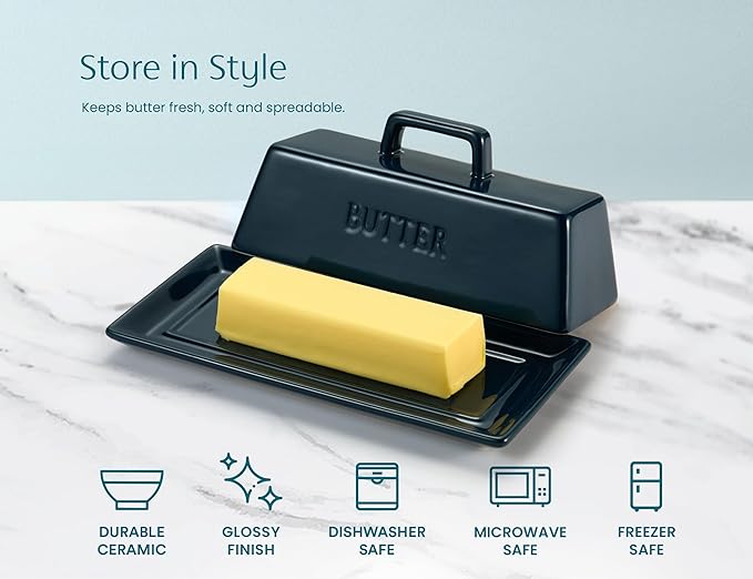 Butter Dish with Lid for Countertop, by Kook, Ceramic Dish Tray with Cover, Kitchen Keeper, Container, Holder (Navy)