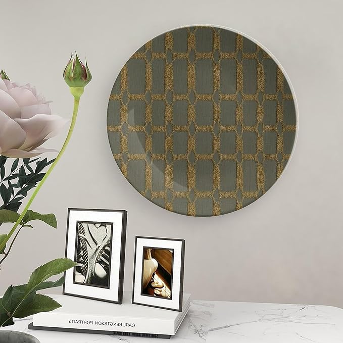 Geometric Ikat Check in Golden Decorative Plate of 6", 7", 8", 10", Custom Christmas Design Ceramic Hanging Decorative Plate Gifts Club Kitchen Decorations Display, Including Bracket And Special Hook