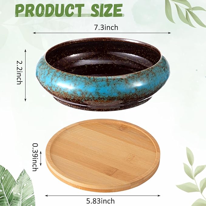2 Pack 7.3 Inch Round Large Shallow Succulent Ceramic Planter Pots with Drainage Hole Drip Glazed Shallow Bonsai Pot with Bamboo Tray for Indoor Outdoor Plants Decor Cactus Flower