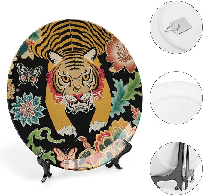 Animal Tiger Stripe Colorful Decorative Plate, Chinoiserie Tiger Custom Ceramic Ornaments Dessert Plates for Home Art Decoration Club Decor, Unique Art with Stand Art Decorations for Display Table